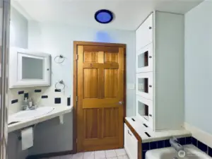 Large Bathroom: builtin, bathtub, tile, shower
