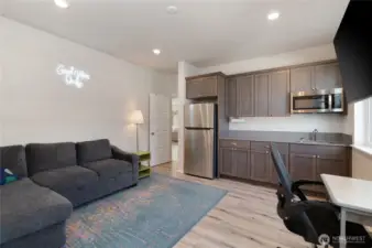 Main-level apartment-style guest suite with kitchenette. The doorway shown leads to the main house.