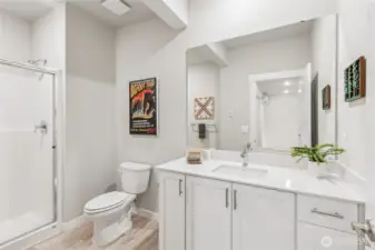 Spacious lower level bathroom.