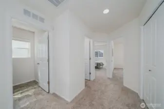 From the top of the stairway looking down the hall, laundry on the left, and 2 bedrooms straight ahead and just past the laundry is the full bath
