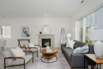 How can you envision your new living room space with cozy gas fireplace