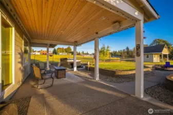 Wood wrapped extended covered patio.