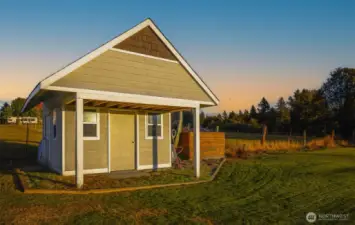 Storage shed in backyard.