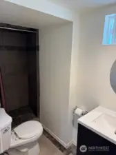 The lower level bathroom features a walk-in tiled shower and free-standing vanity.