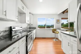 Enjoy the views of the lake and mountains while in the kitchen as well