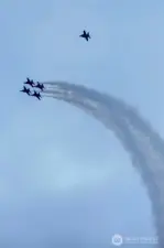 Photos of Blue Angels taken from rooftop deck on July 31, 2025.