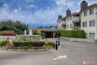 The Carlton entrance, guest parking around circular drive.