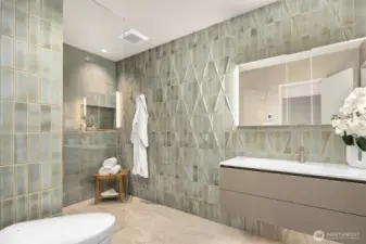 Imported Ann Saks custom glazed tile, Italian vanity + heated floor.