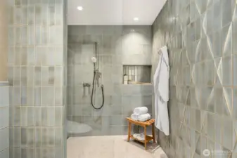 Casamance wallpaper + Gessi shower hardware.