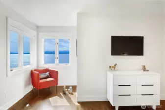 A reading nook looking out at the Sound.