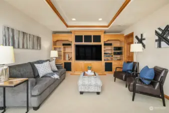 Massive great room/bonus room on the lower level with a wall of built in cabinets.