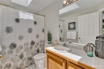 Hallway bath with tub-shower combo.  Spacious vanity with storage.  Note skylight.