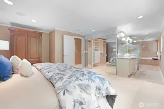 Primary bedroom overlooking primary bathroom, and lighted walk-in closet