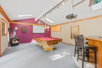 Game room with projection TV, corner fireplace and wet bar