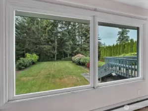 View into beautiful backyard from living room.