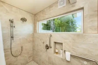 Gorgeous custom tile in the shower and a view to match!