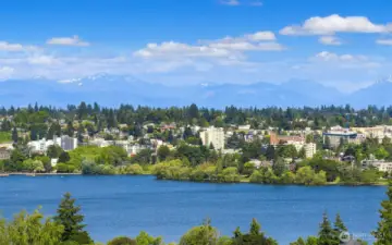 Sweeping views of Green Lake seen from rooftop deck.