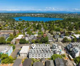 Aeriel view showcasing close proximity to Green Lake and other amenities.