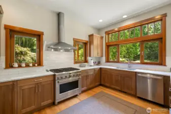 Viking range, tiled back splash, tons of counterspace.  A chef's dream with so many windows to enjoy your private acreage.