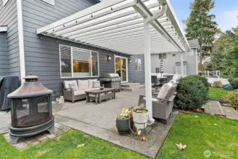Large, lighted covered patio overlooks the professionally landscaped fully fenced backyard.