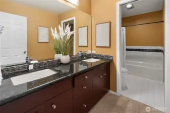 2nd Level - 5 piece main bathroom.  Dual Vanity separated by pocket door leading to WC, bathtub, separate shower & extra storage closet.