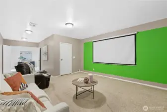 Level 3 - Large home Theater with pull-down screen and painted Green Screen for homemade productions.  Door leads to sizable utility room providing easy access to 1 of 2 water heaters and furnace PLUS additional room for storage.