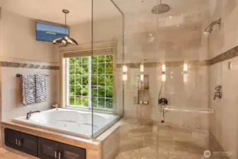 Steam shower and large soaking tub. Its time to relax.