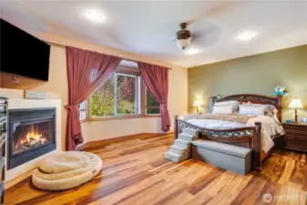 A cozy fireplace, recessed lighting, updated flooring, and a bay window enhance the appealing features of the primary bedroom.