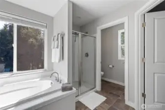 Primary shower and water closet, also walk in closet!