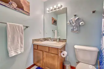Full bathroom with stylish touches and easy access from the bedrooms.