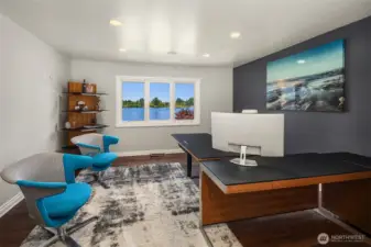 Previously used as a playroom, this bonus room now serves as an office space.