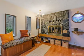 Rock wall fireplace ..