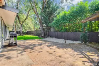 This inviting backyard features a spacious patio with string lighting, perfect for outdoor dining and entertaining. A pergola-covered seating area adds charm and shade, while the open paver space is ideal for barbecues or gatherings. Surrounded by lush greenery and a private fence, it offers both relaxation and privacy in a beautiful outdoor setting.