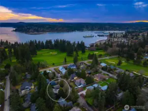 Aerial photo overlooking the Wing Point golf course and toward the Bainbridge Ferry terminal to the west.