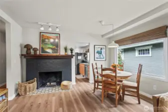 Wood burning fireplace adds a cozy feel to the updated space.