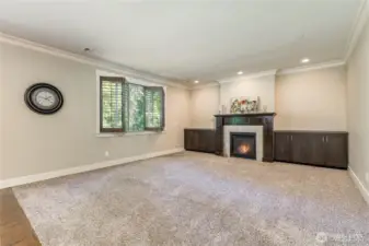 Living room has built-in storage cabinets. Custom shutters throughout the home!