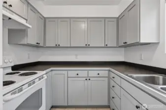 Freshly painted kitchen cabinets