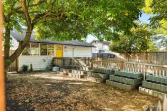 Fenced front yard with garden beds