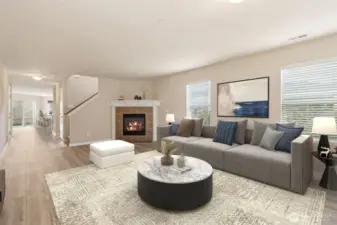 Entry living room with gas fireplace *virtually staged*
