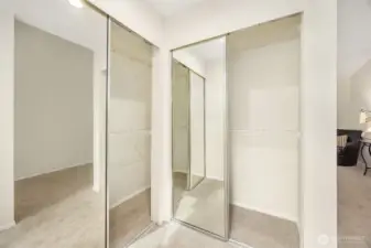 Primary corner closet with mirror doors - nice shoes!