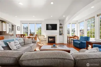 View from the living area showing the beautiful and cozy fireplace and seating area