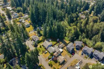 Aerial view to both parcels... home on front side, wooded vacant lot attached to backyard to the West...