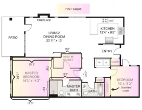 Floor plan with locations showing new carpet. The rest of the flooring in the great room and hallways is the laminate hardwood flooring and bathrooms have ceramic tile.