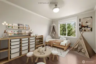 Bedroom virtually staged to show kids room. All bedrooms have massive windows for lots of light!