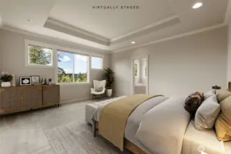 Large primary room virtually staged. Opens to large bathroom and walkin closet.