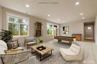 Walkout basement virtually staged to show a game room idea!