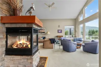 Cozy 3 sided natural gas fireplace naturally divides the living room and kitchen/dining