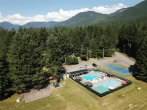 Aerial of Timberline HOA shared pools and tennis court