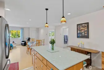 Spacious kitchen island is great for extra prep space