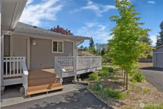 Side view of deck and beautiful landscaping